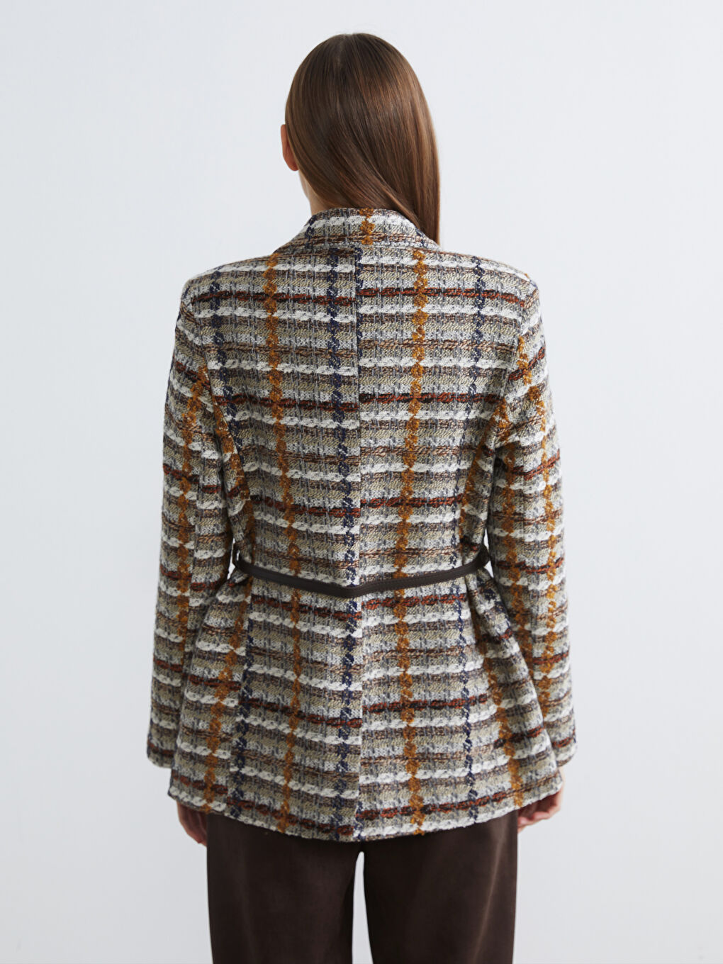 Bej Ekose Kemerli Kadın Tüvit Blazer Ceket-4