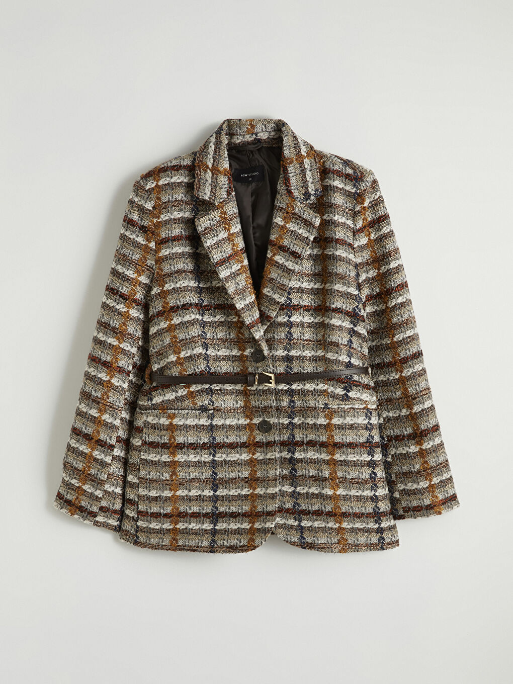 Bej Ekose Kemerli Kadın Tüvit Blazer Ceket-5