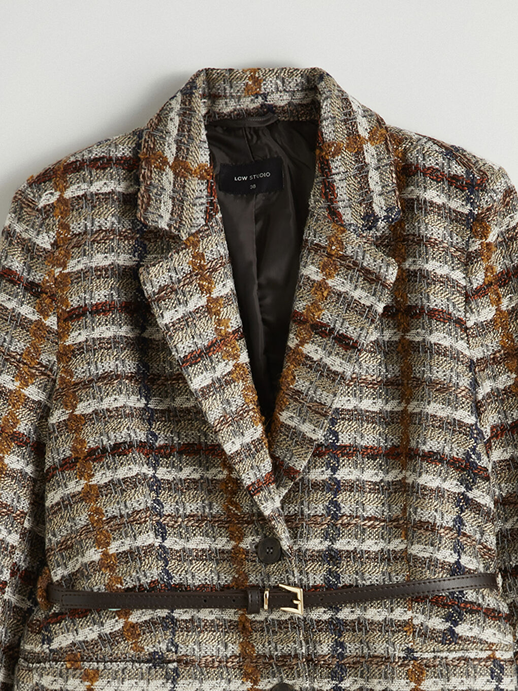 Bej Ekose Kemerli Kadın Tüvit Blazer Ceket-6