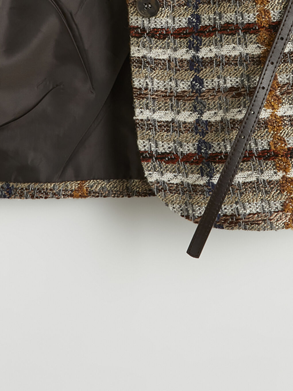 Bej Ekose Kemerli Kadın Tüvit Blazer Ceket-7