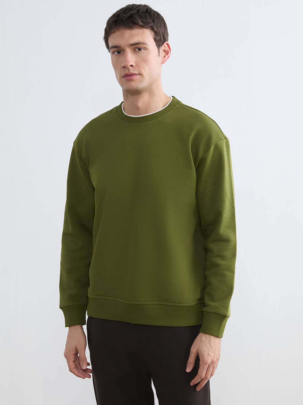 Haki Bisiklet Yaka Erkek Kalın Sweatshirt