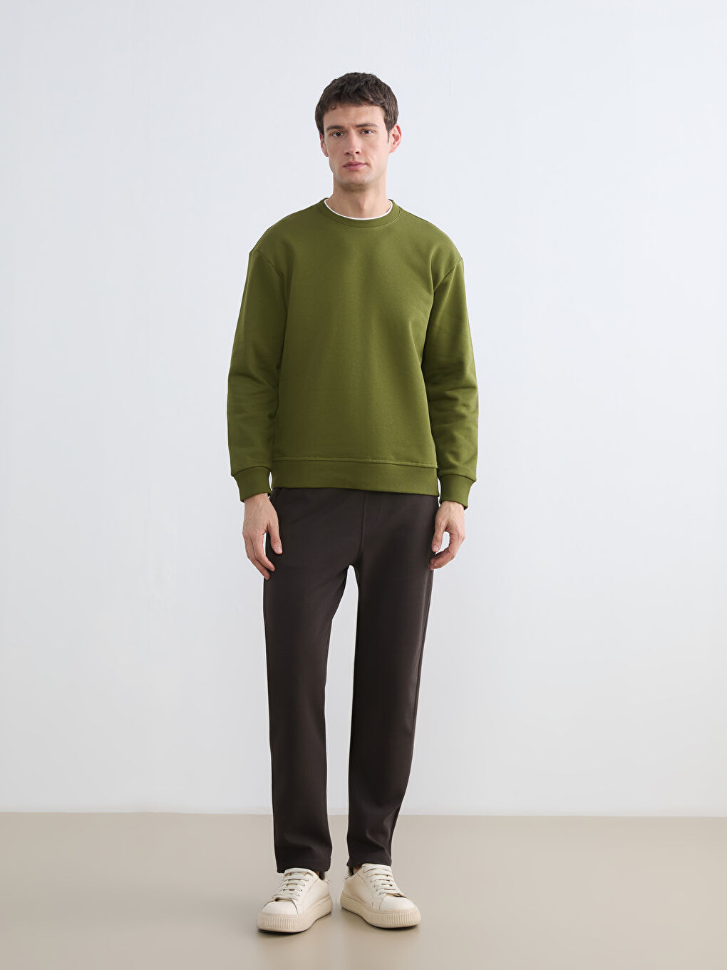 Haki Bisiklet Yaka Erkek Kalın Sweatshirt-1