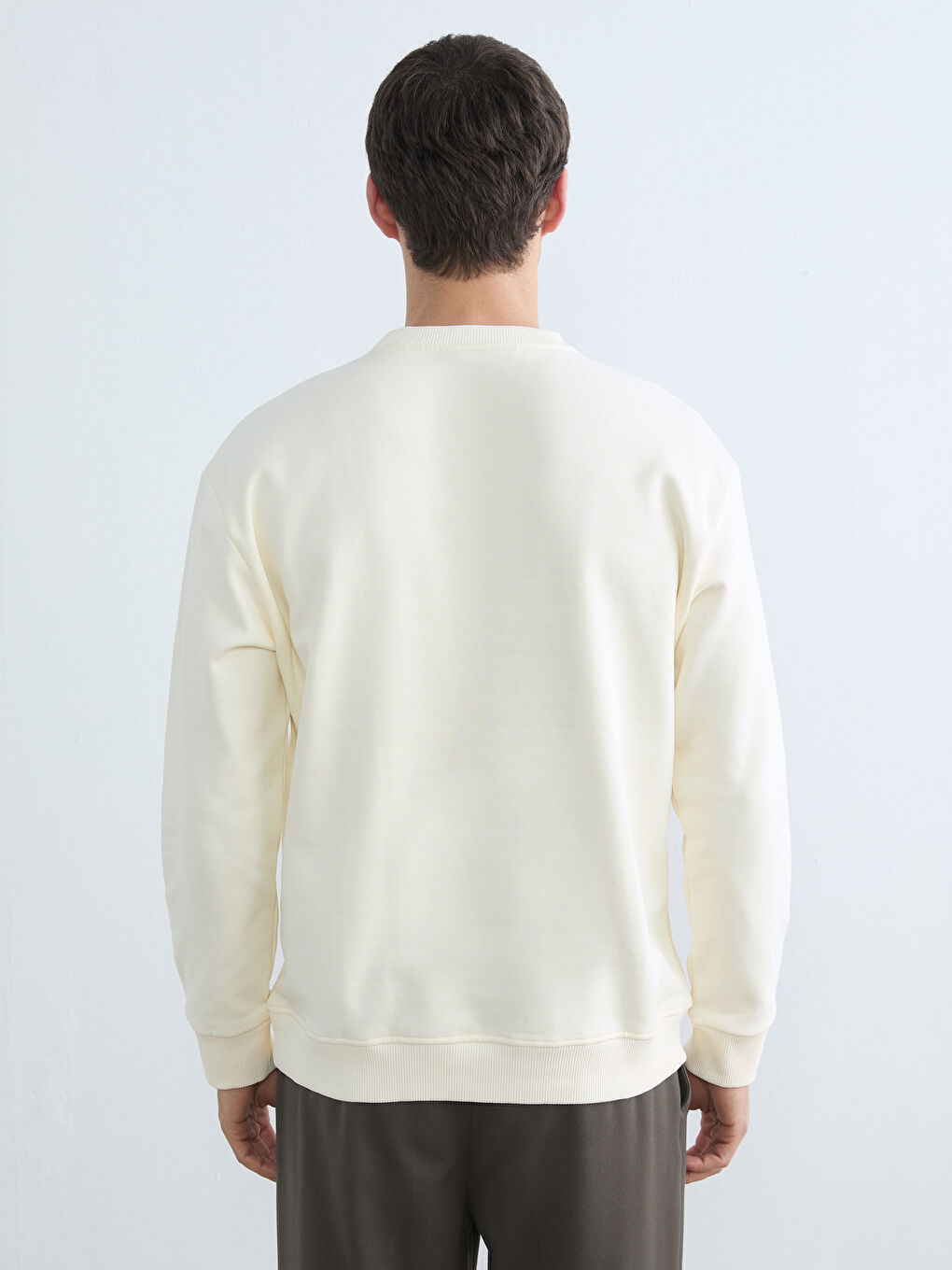 Bej Bisiklet Yaka Erkek Kalın Sweatshirt-3