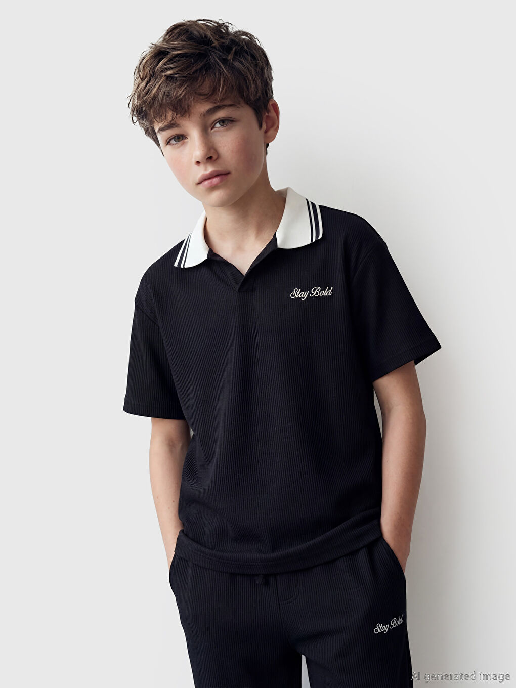 Siyah Polo Yaka Nakışlı Erkek Çocuk Tişört-1