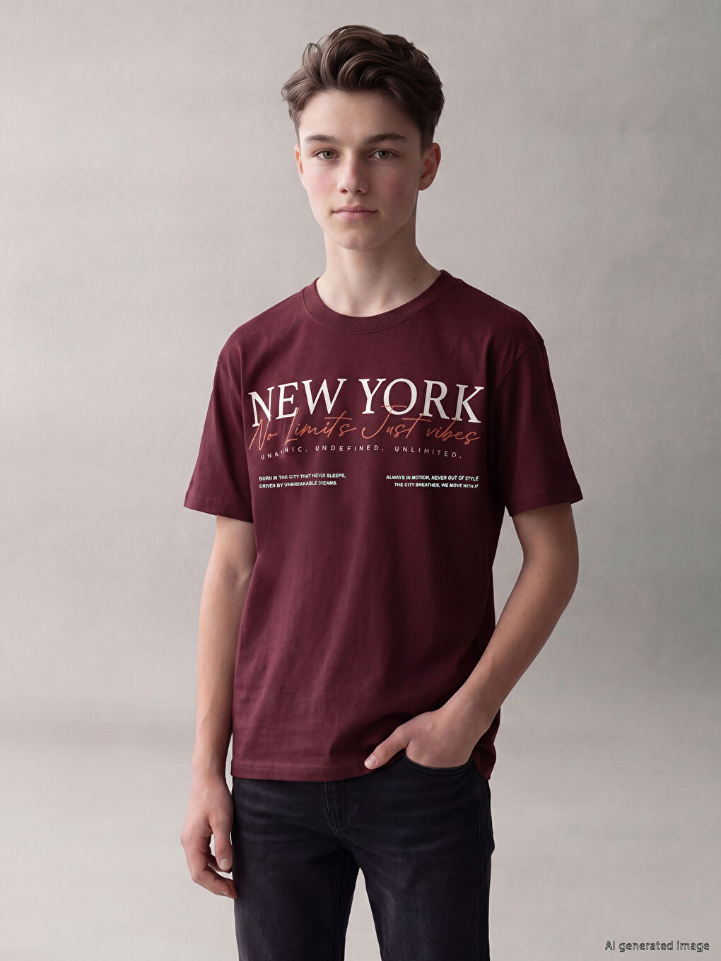 Bordo Erkek Çocuk Bisiklet Yaka New York Baskılı Tişört