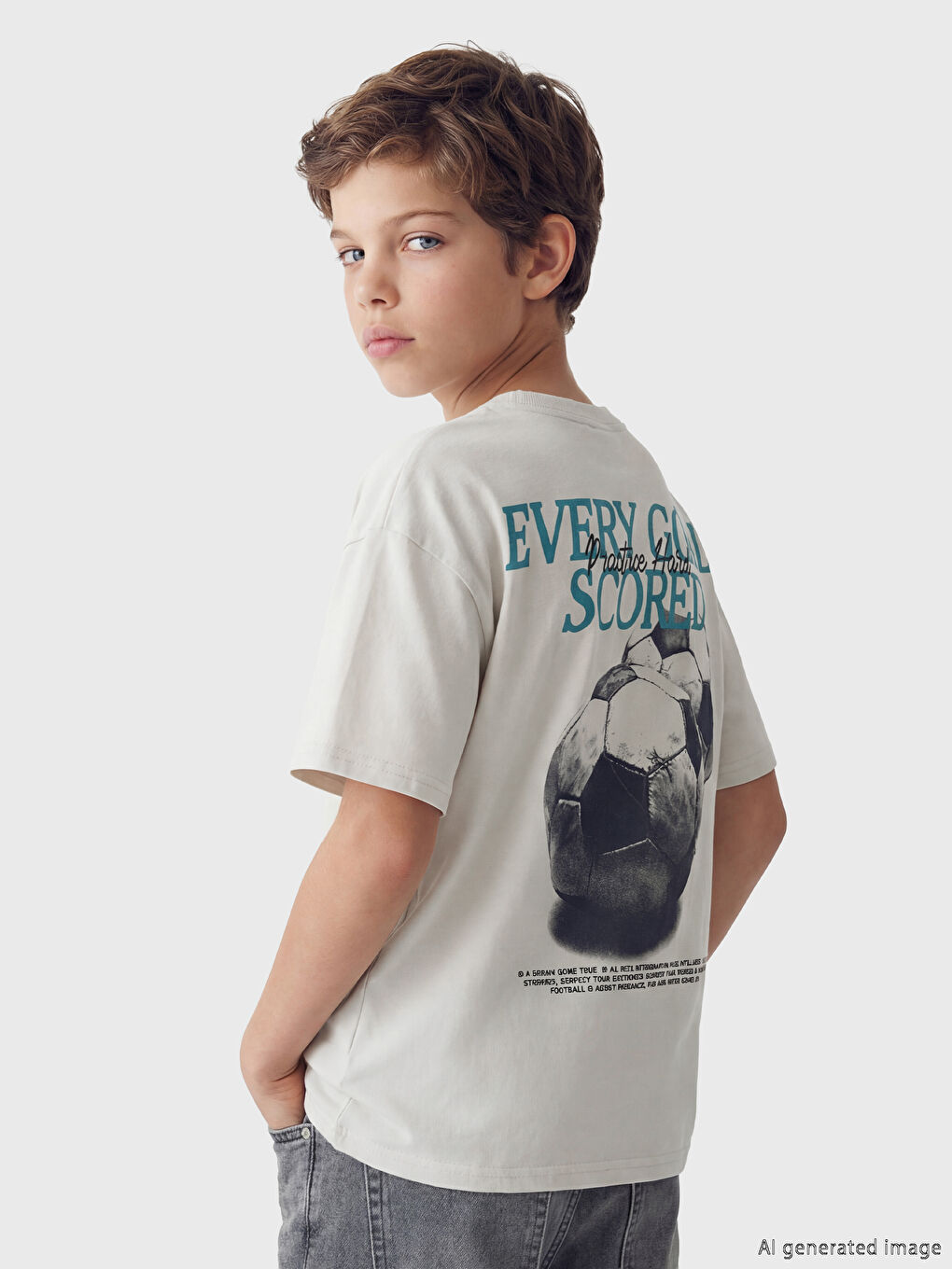 Bej Bisiklet Yaka Baskılı Erkek Çocuk Tişört-1