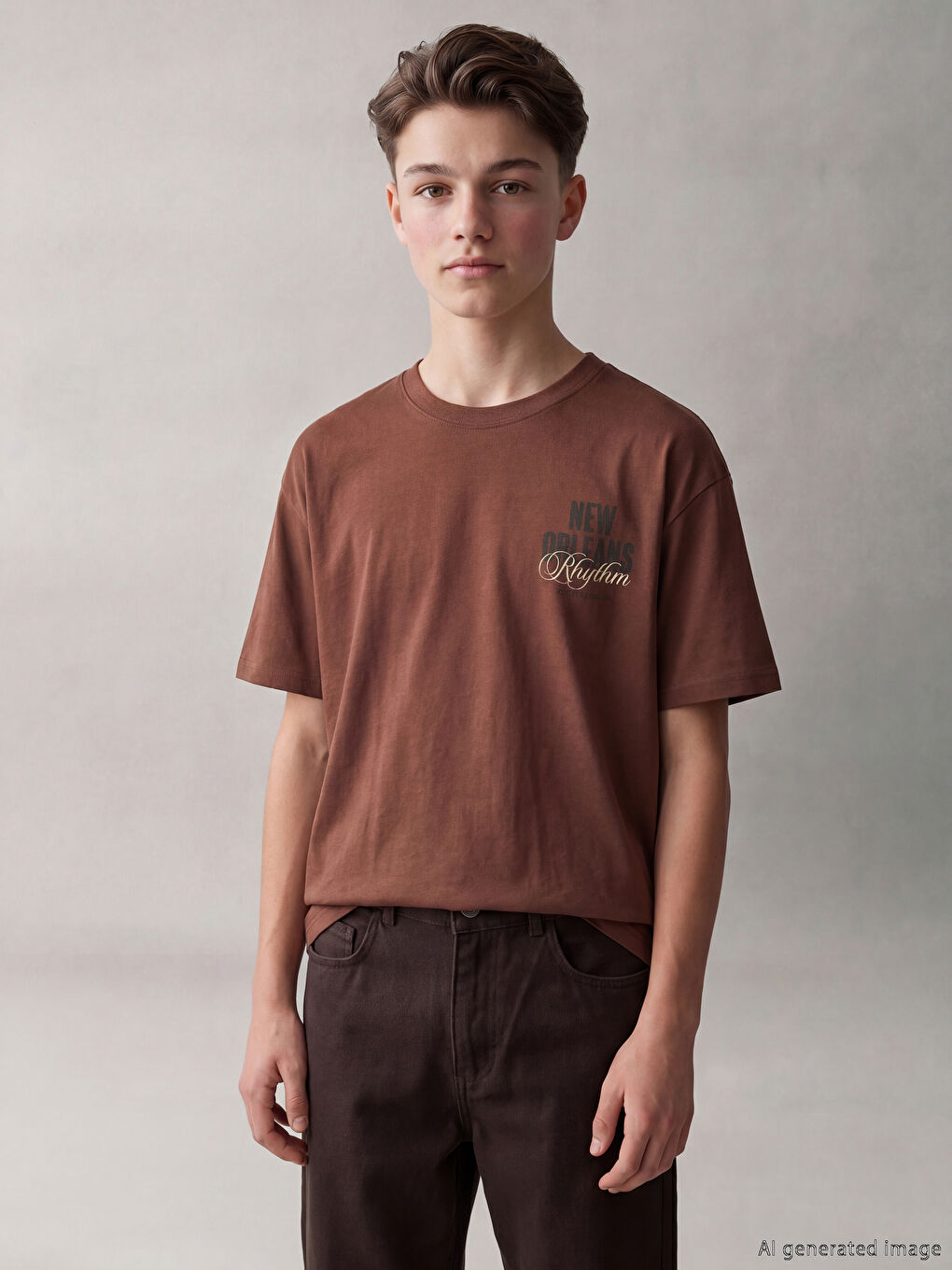 Kahverengi Baskılı Erkek Çocuk Tişört-1