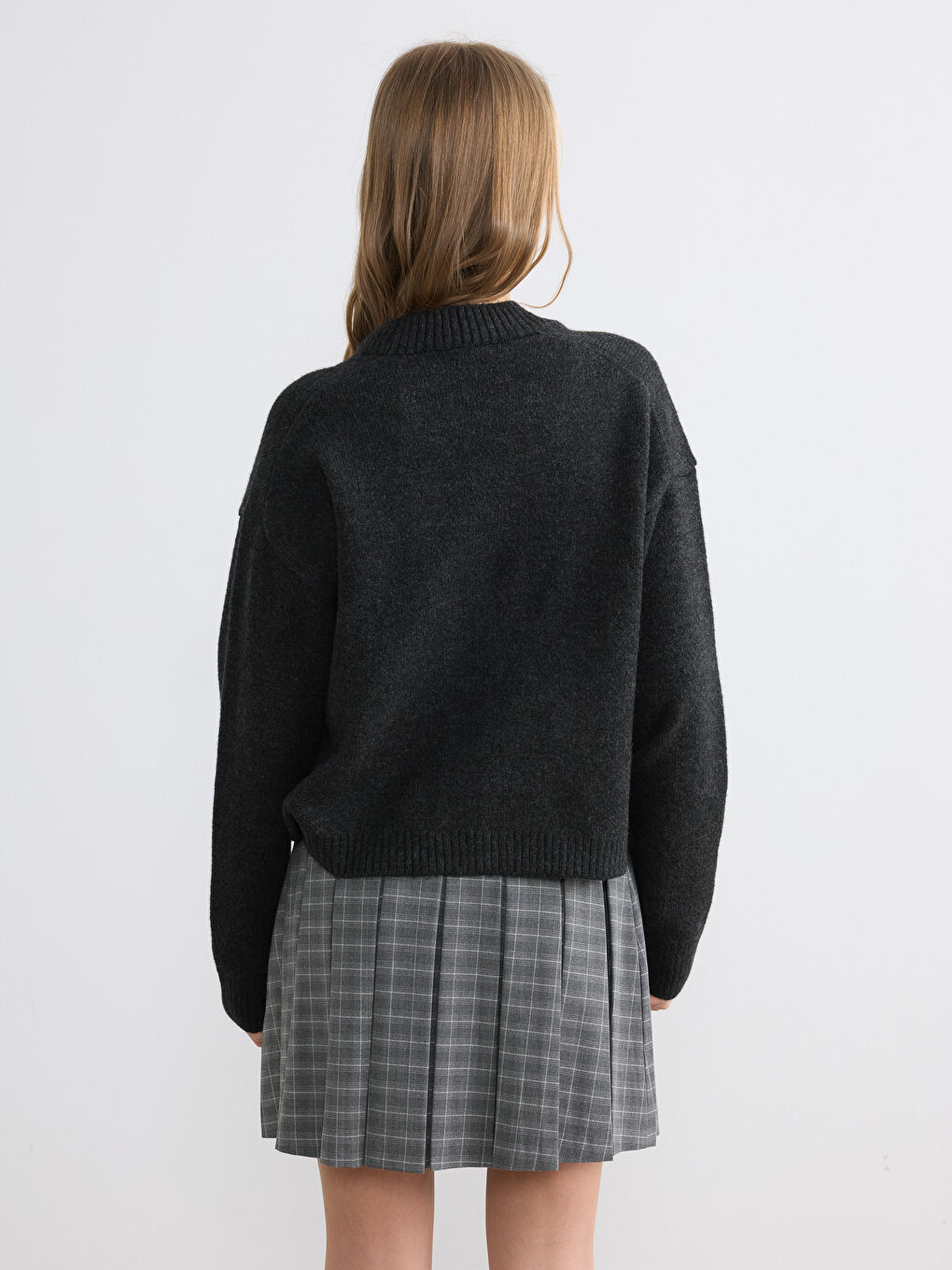 Antrasit V Yaka Kadın Triko Hırka-3