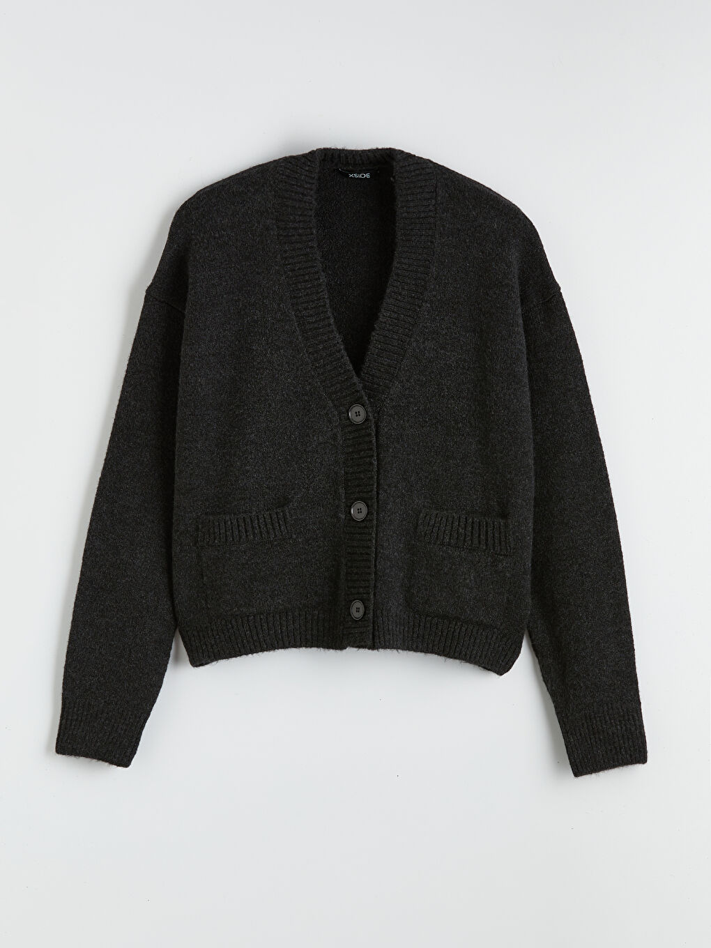 Antrasit V Yaka Kadın Triko Hırka-4