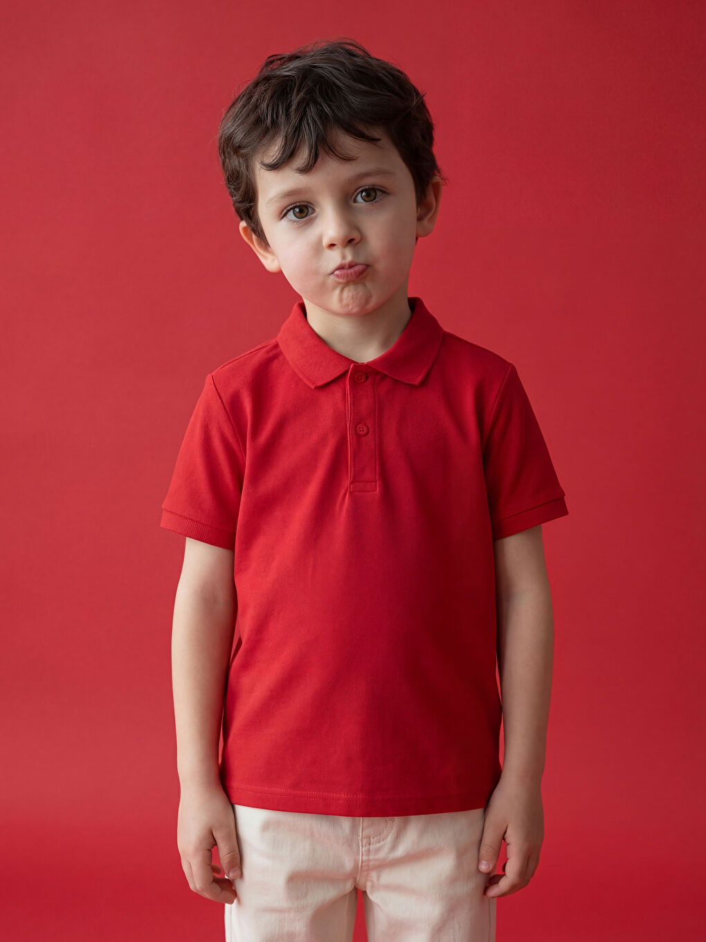 Kırmızı Polo Yaka Erkek Çocuk Pike Tişört-1