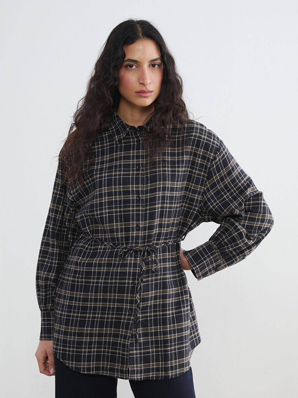 Haki Ekose Kadın Gömlek Tunik