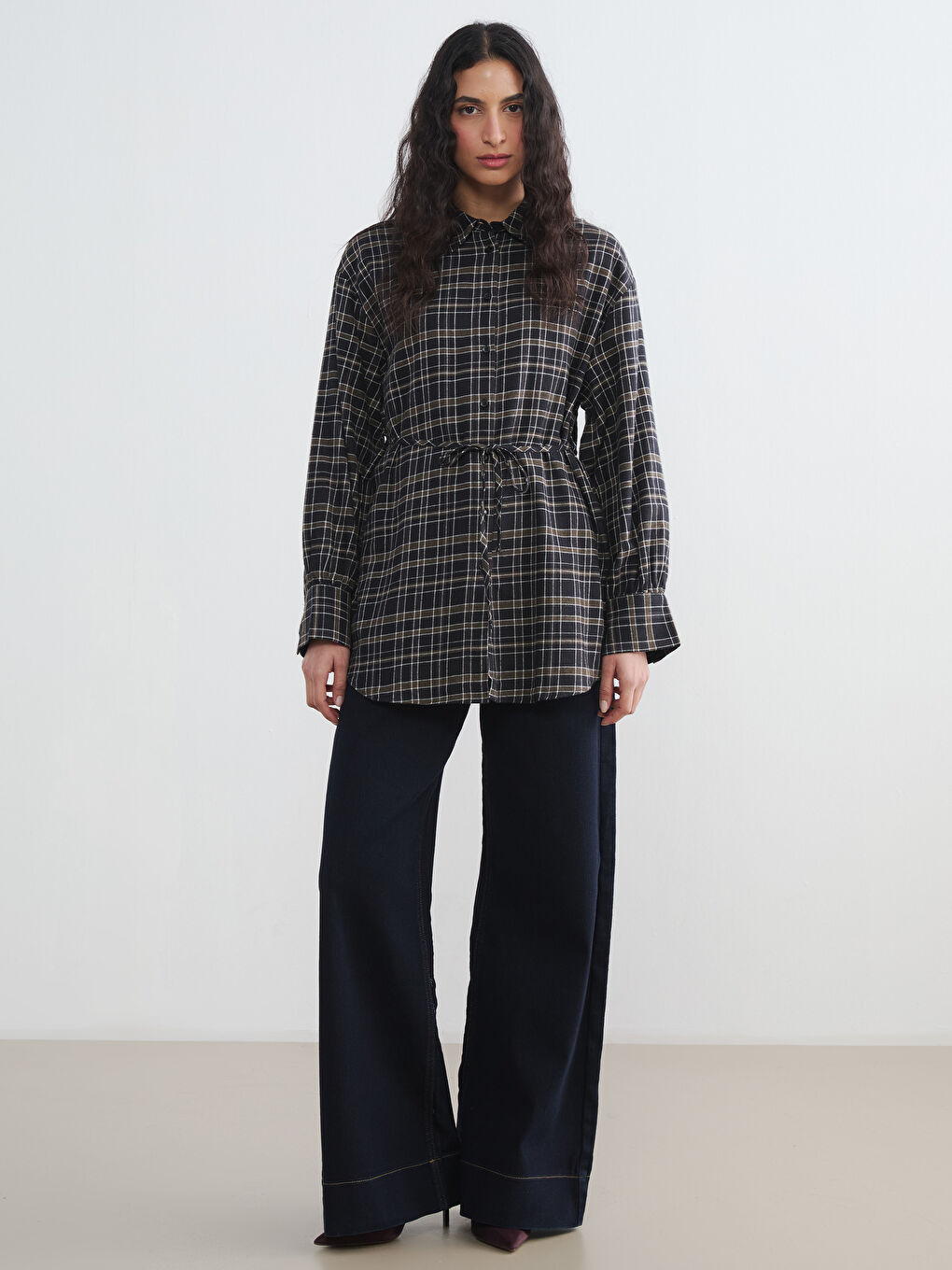 Haki Ekose Kadın Gömlek Tunik-1