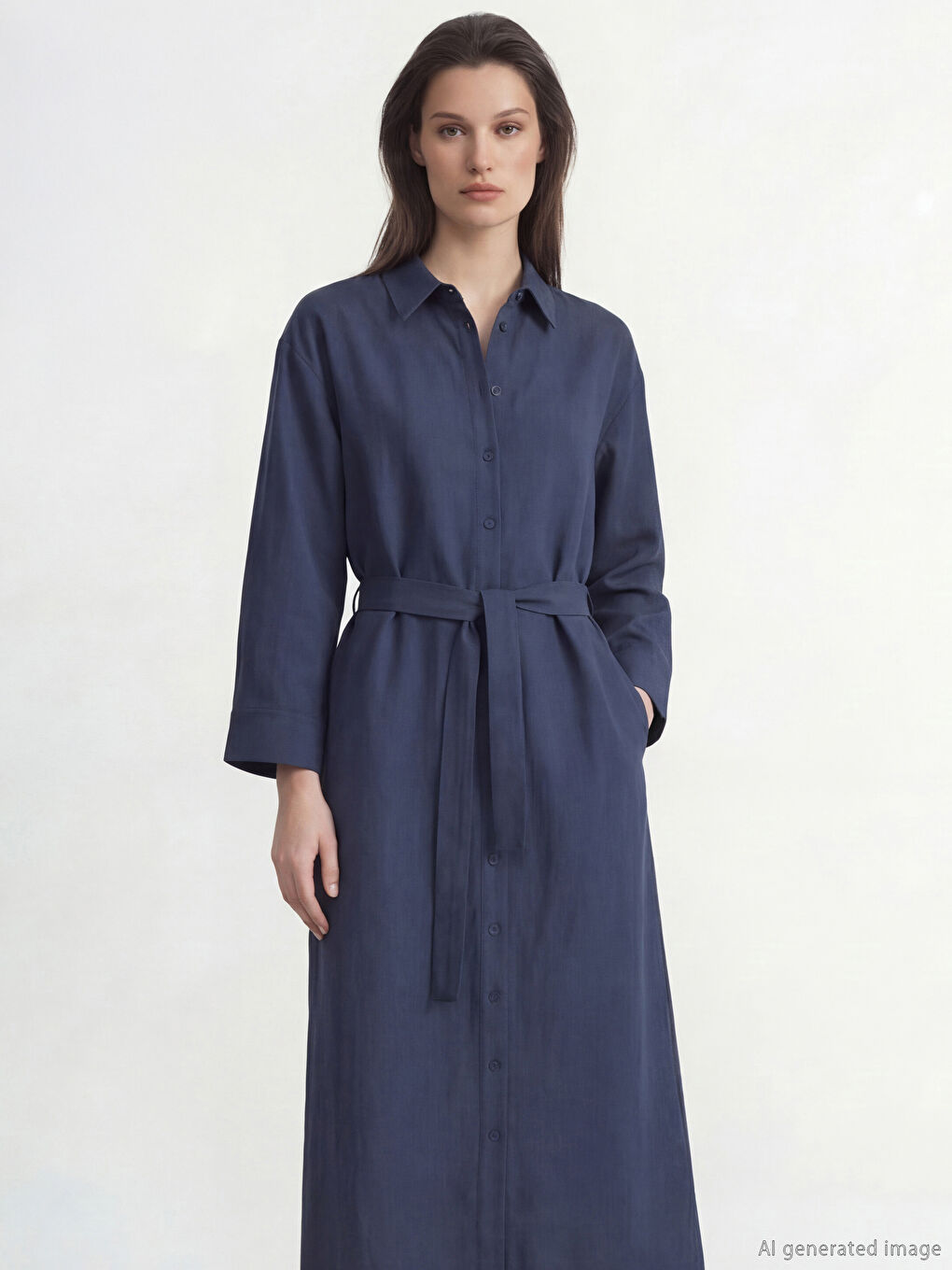 Lacivert Kuşaklı Keten Karışımlı Gömlek Elbise-1