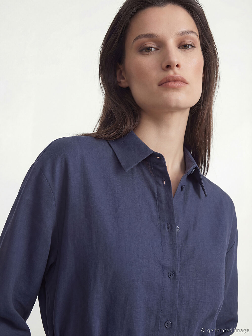 Lacivert Kuşaklı Keten Karışımlı Gömlek Elbise-2