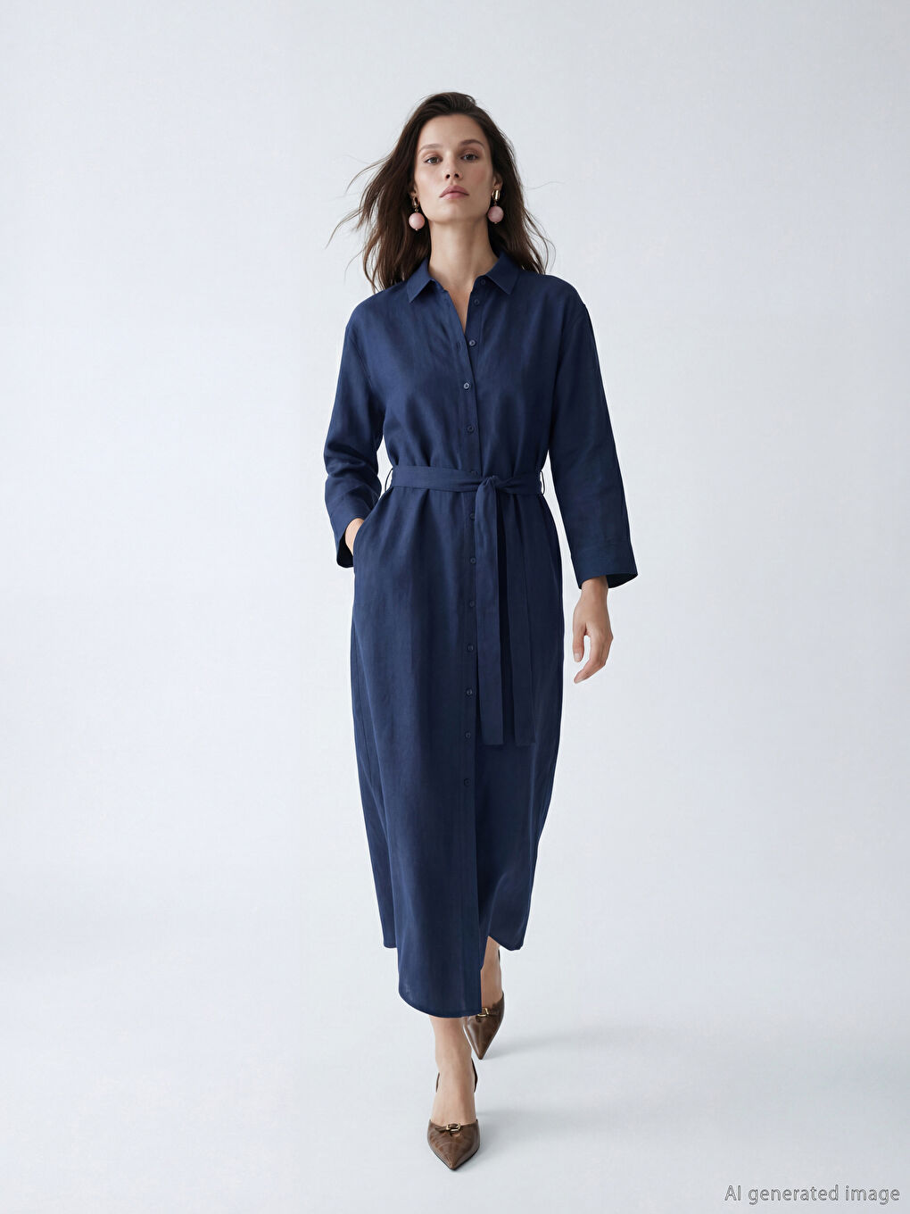 Lacivert Kuşaklı Keten Karışımlı Gömlek Elbise-1