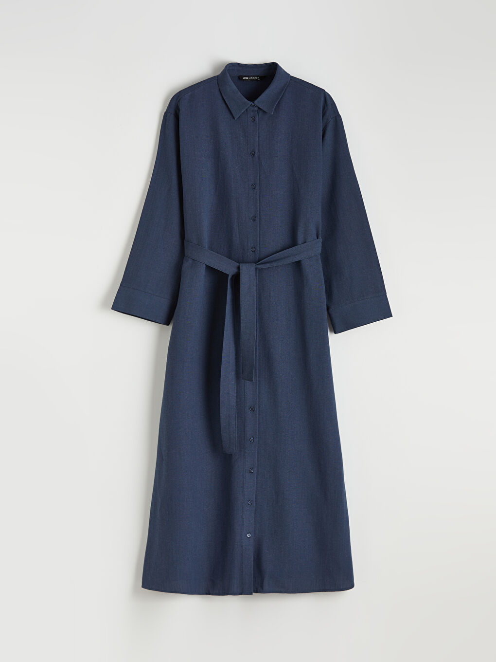 Lacivert Kuşaklı Keten Karışımlı Gömlek Elbise-3