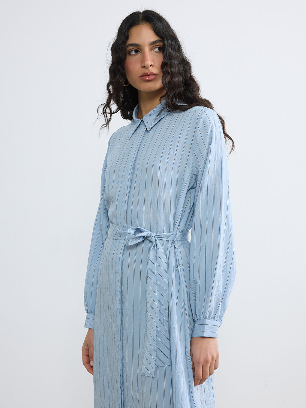 Mavi Çizgili Kuşaklı Poplin Gömlek Elbise-1