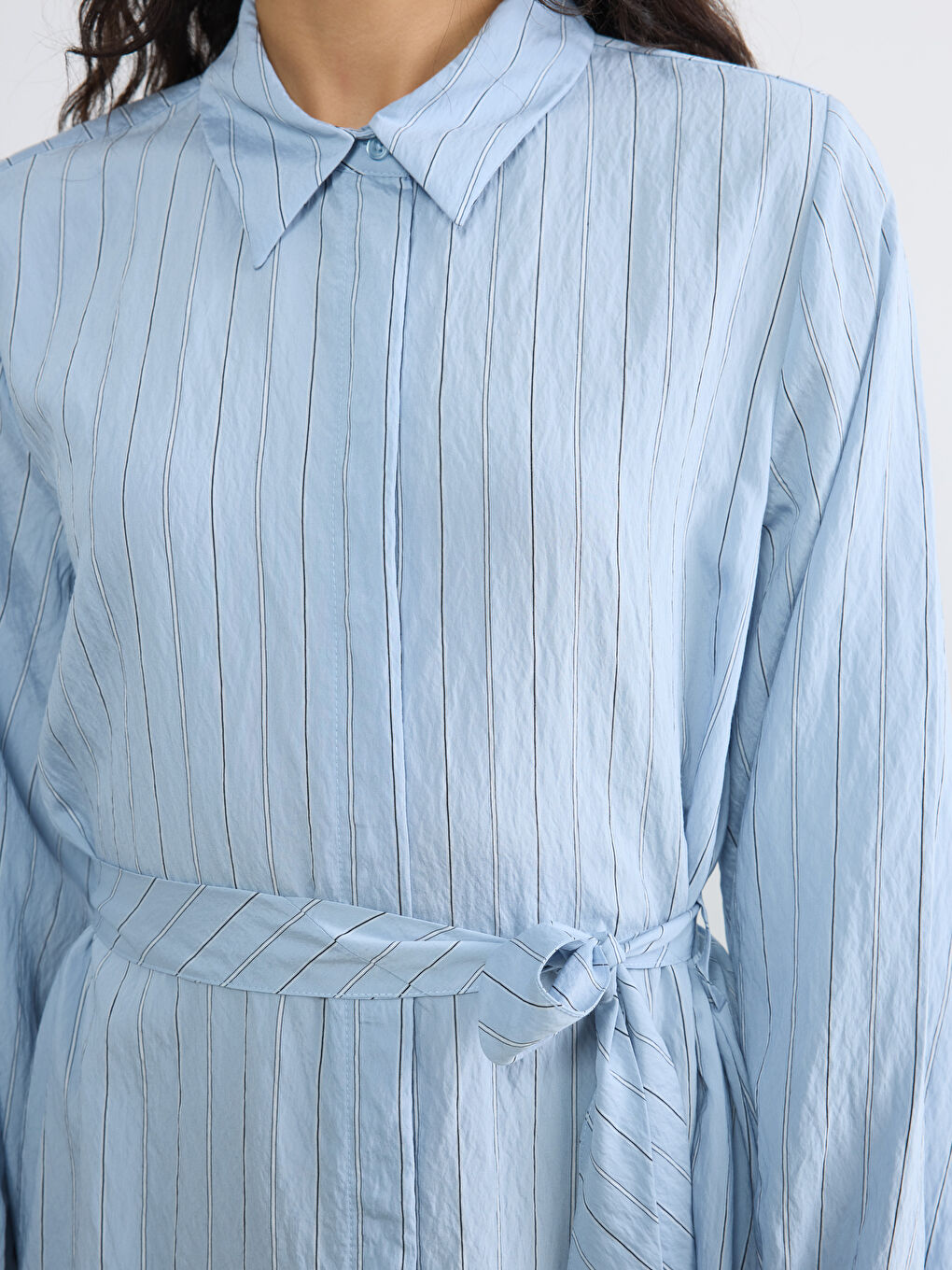 Mavi Çizgili Kuşaklı Poplin Gömlek Elbise-2