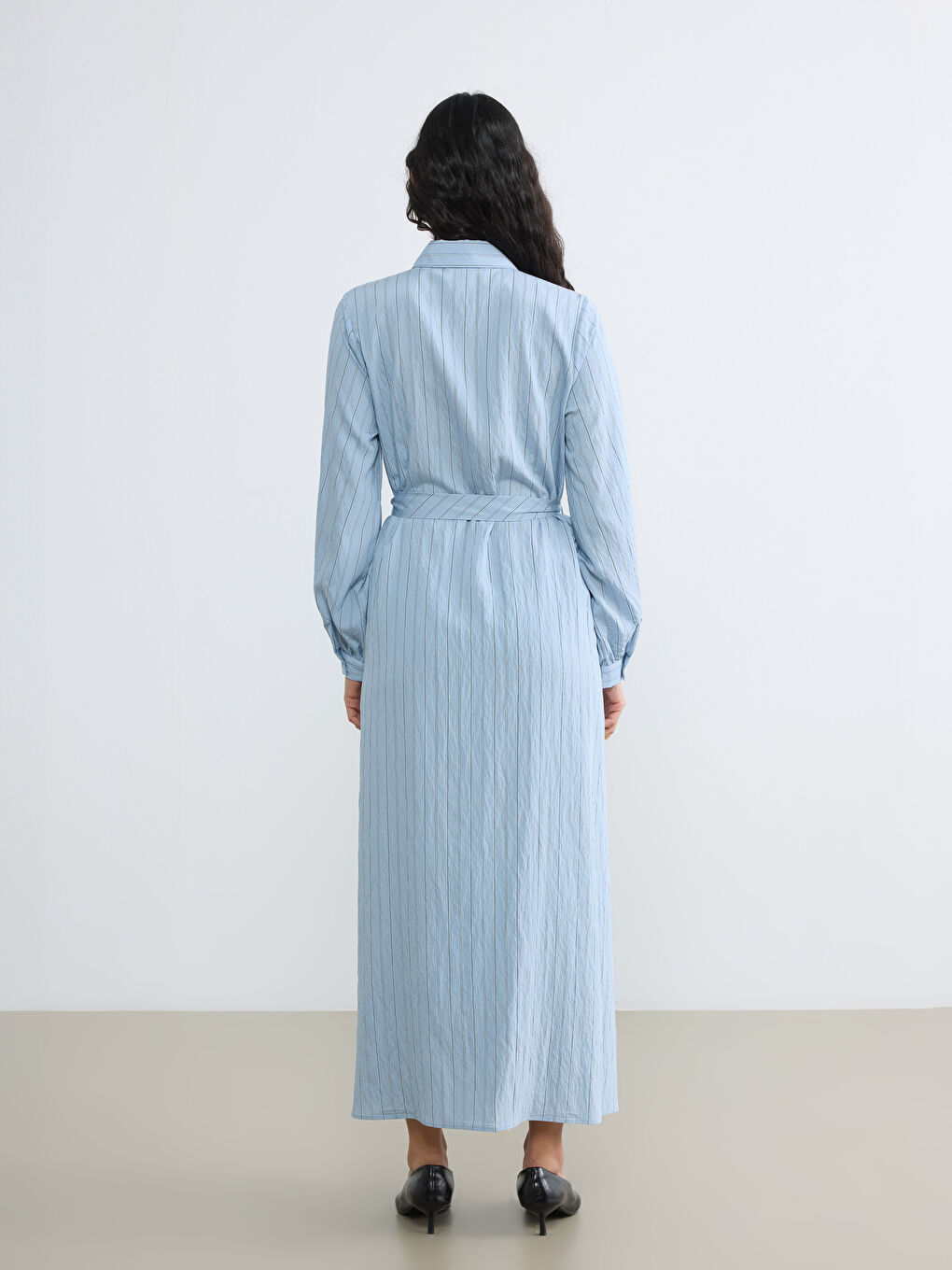 Mavi Çizgili Kuşaklı Poplin Gömlek Elbise-3