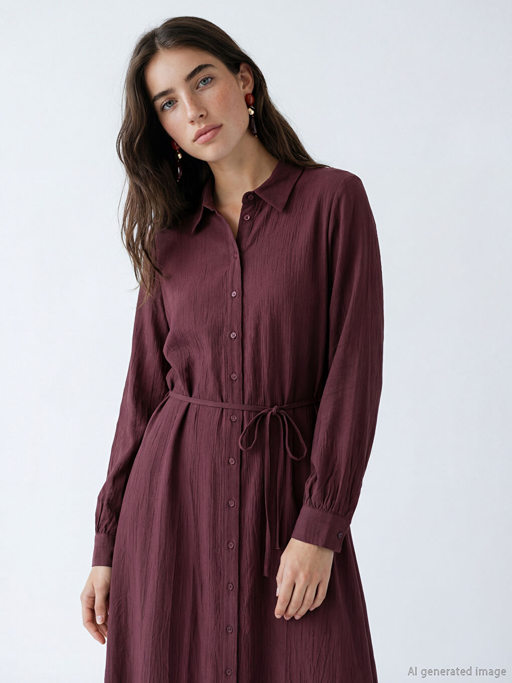 Bordo Dokulu Kuşaklı Gömlek Elbise-1