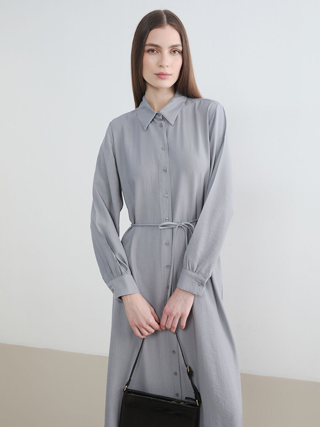 Gri Dokulu Kuşaklı Gömlek Elbise-1