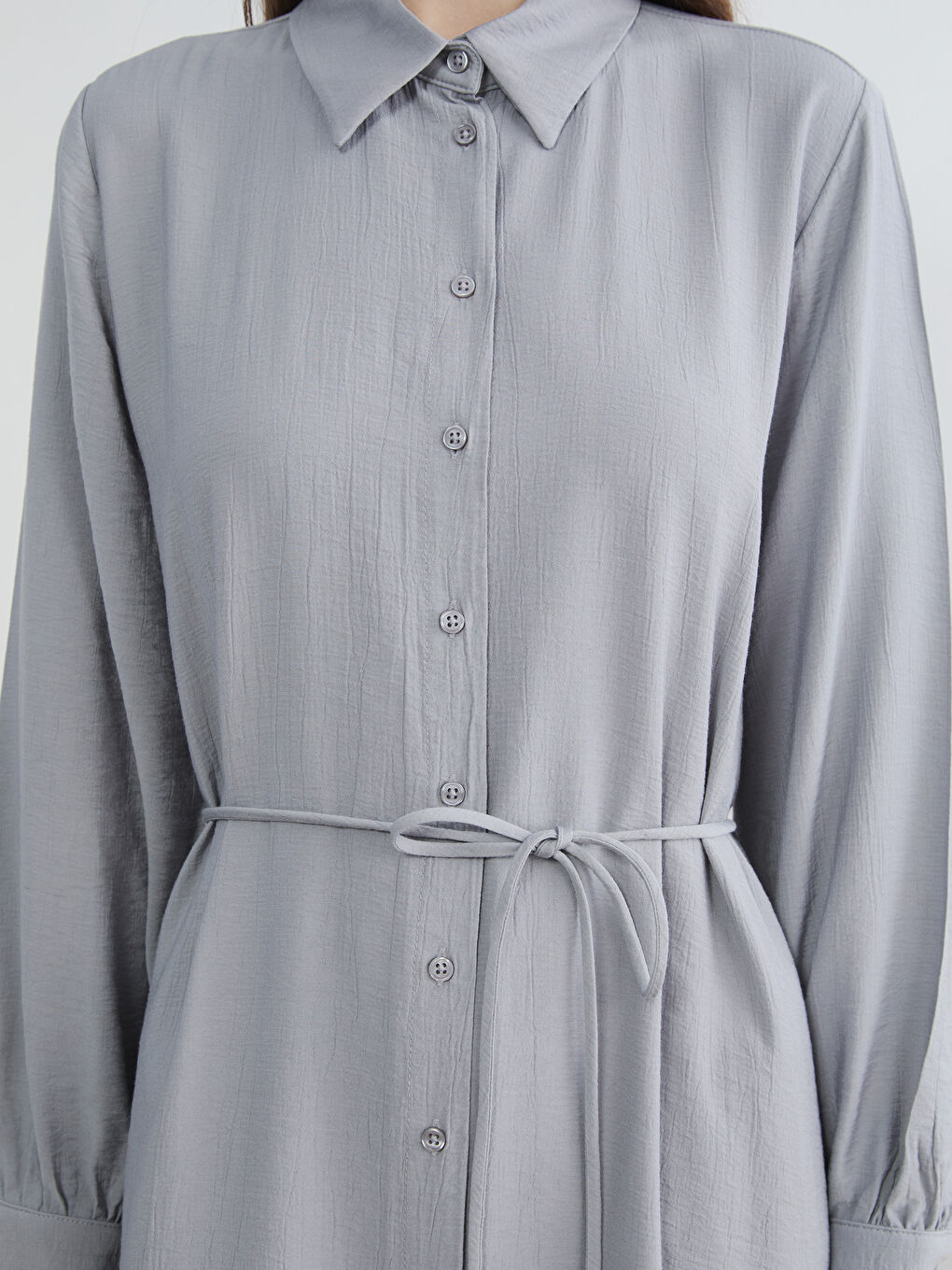 Gri Dokulu Kuşaklı Gömlek Elbise-2