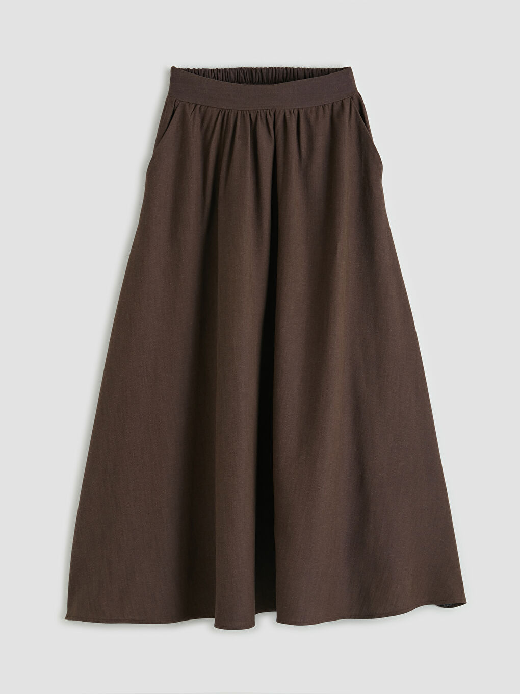 Kahverengi Beli Lastikli Keten Karışımlı Kloş Etek