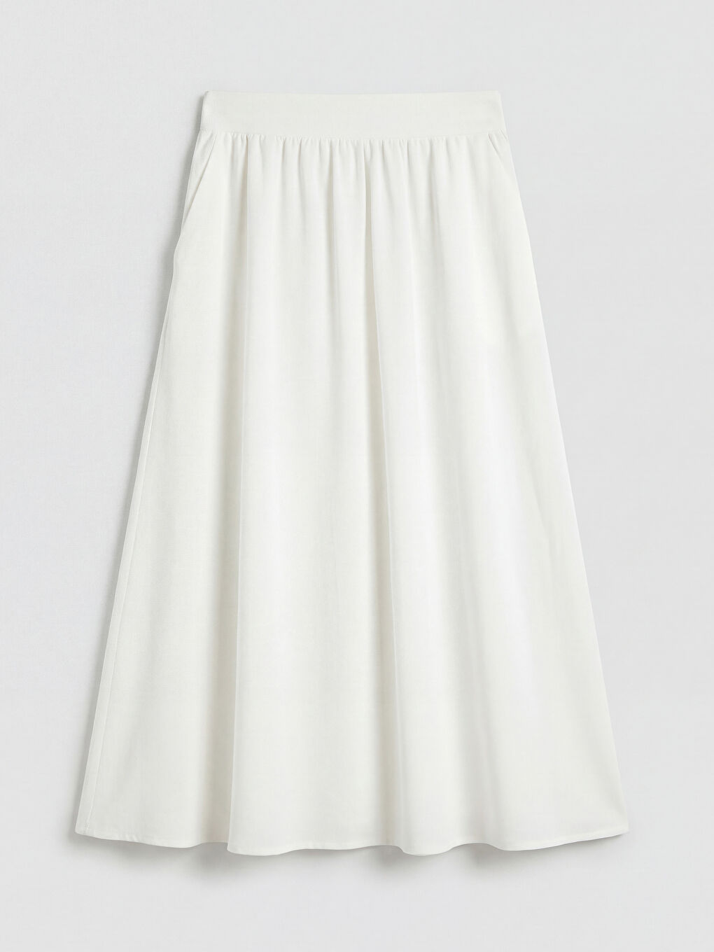 Beyaz Beli Lastikli Keten Karışımlı Kloş Etek	