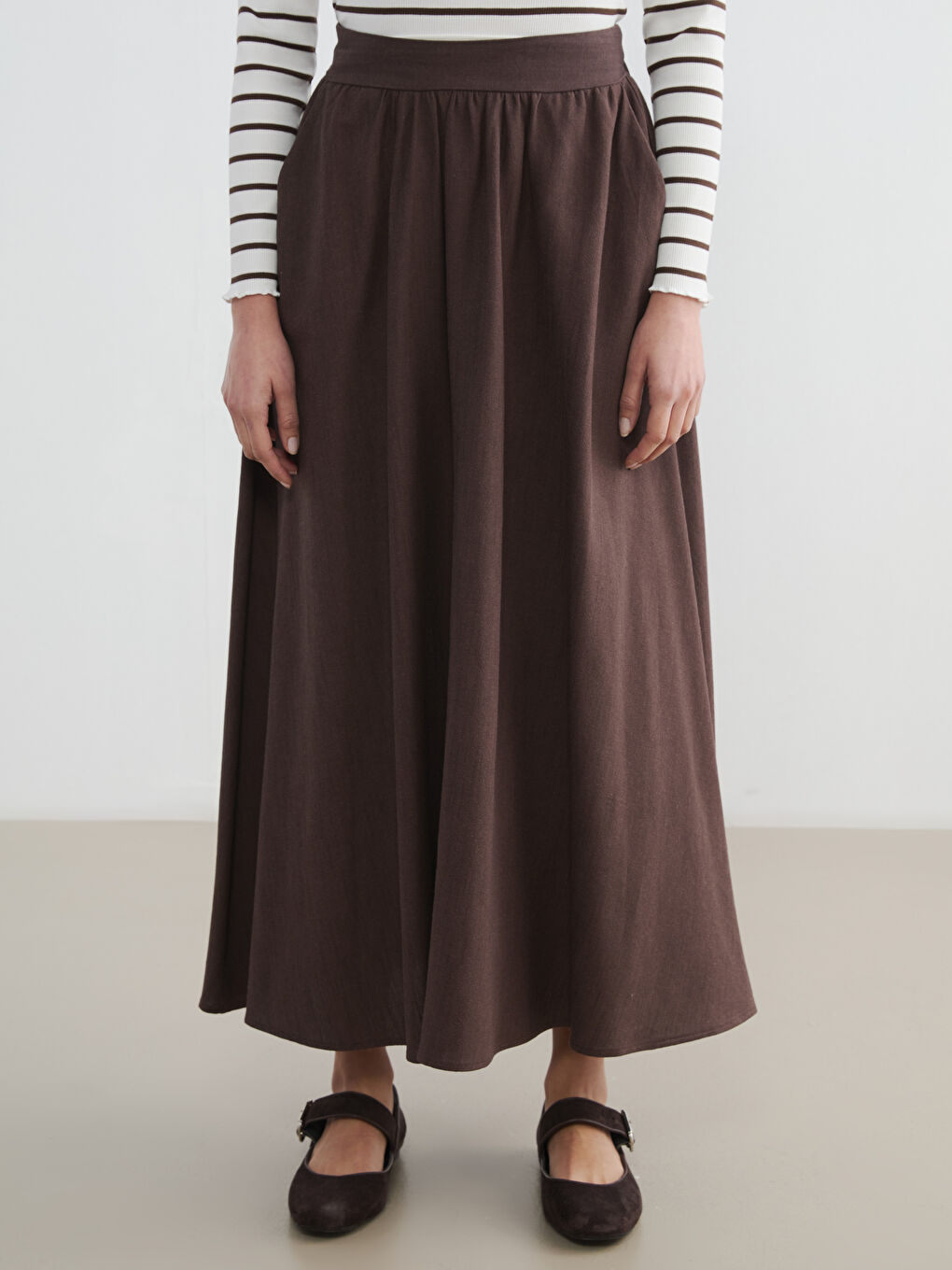 Kahverengi Beli Lastikli Keten Karışımlı Kloş Etek	-1