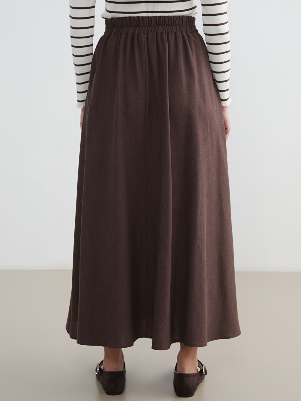 Kahverengi Beli Lastikli Keten Karışımlı Kloş Etek	-3