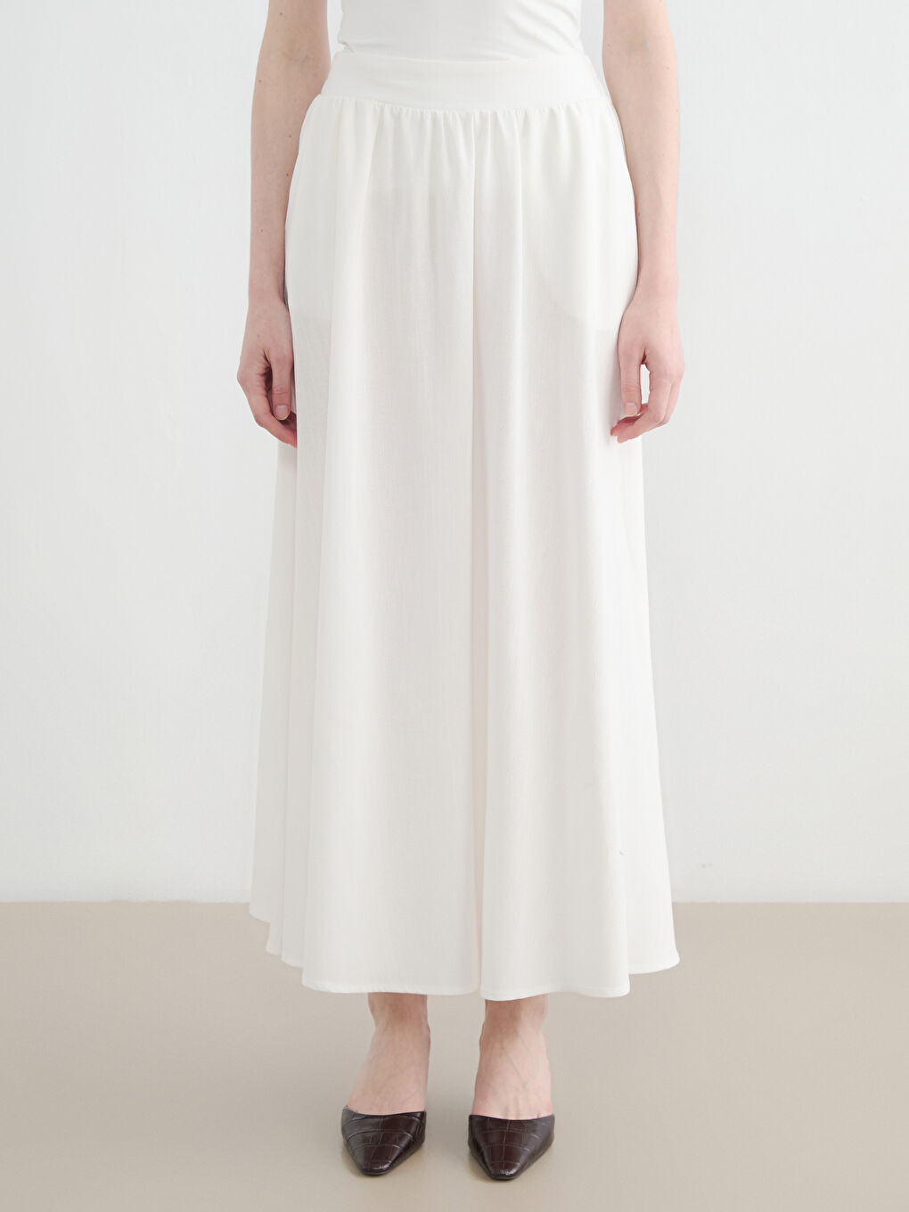 Beyaz Beli Lastikli Keten Karışımlı Kloş Etek	-1