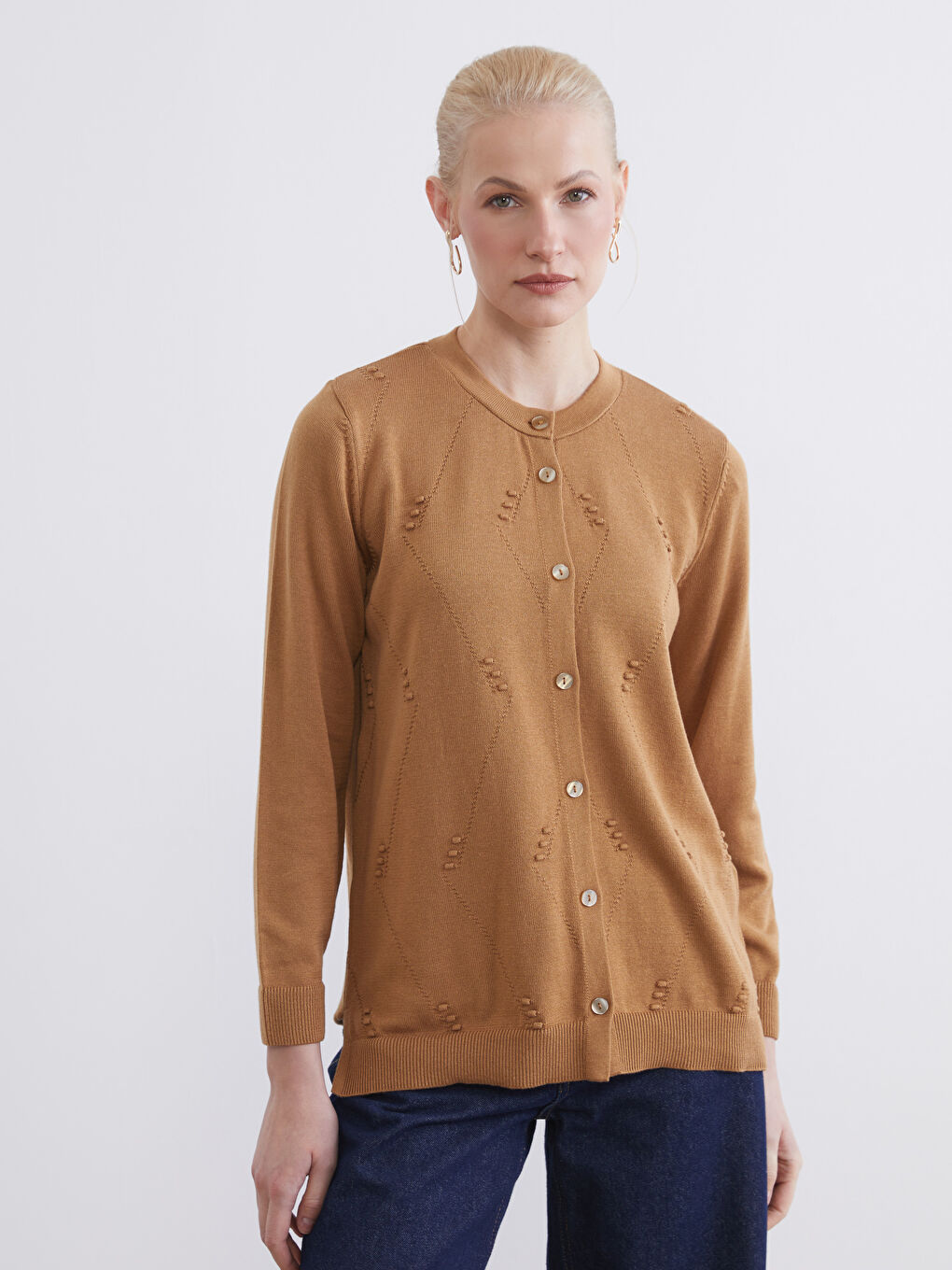 Sarı Bisiklet Yaka Ajurlu Kadın Triko Hırka