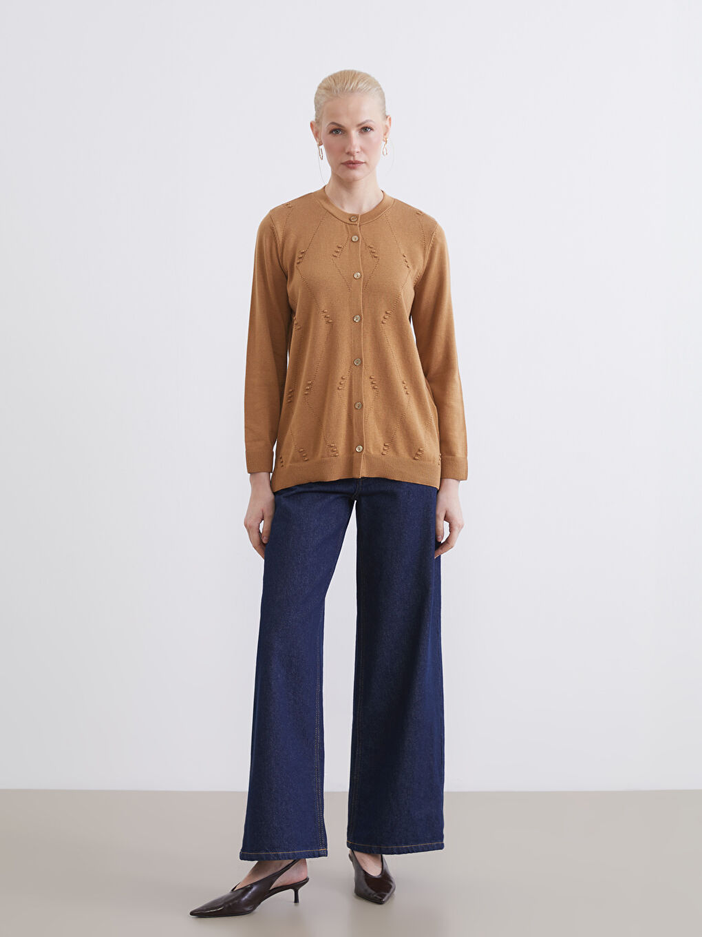 Sarı Bisiklet Yaka Ajurlu Kadın Triko Hırka-1