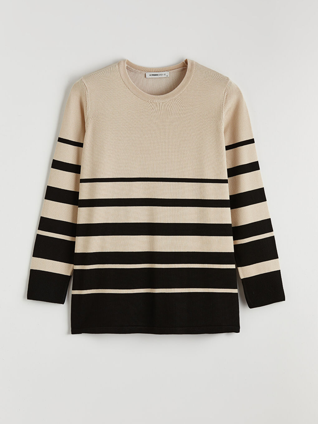 Bej Bisiklet Yaka Çizgili Kadın Triko Kazak