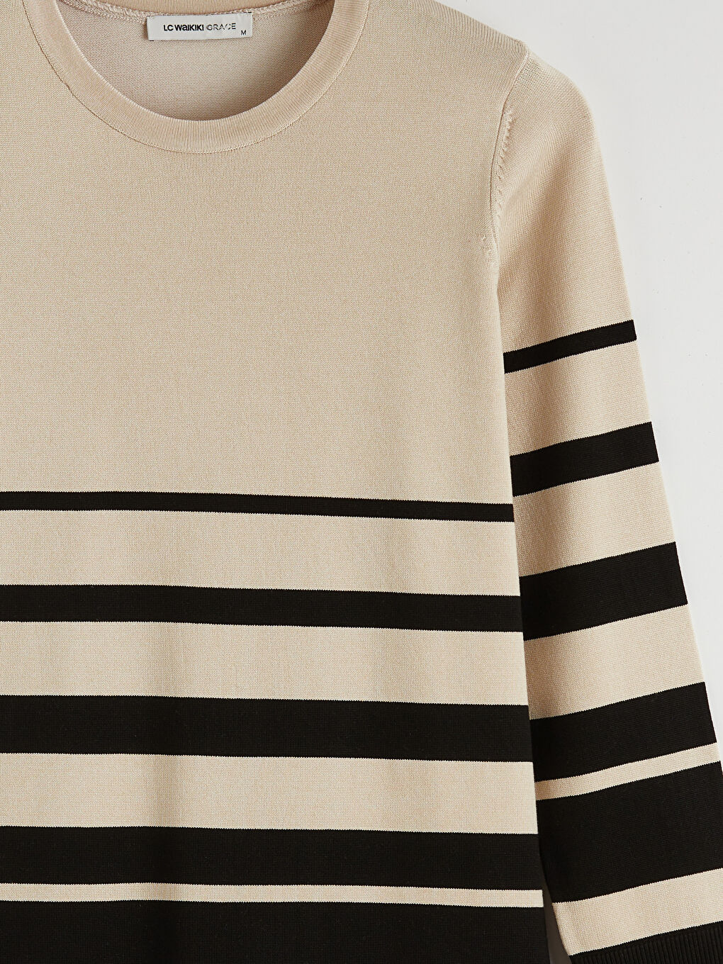 Bej Bisiklet Yaka Çizgili Kadın Triko Kazak-1