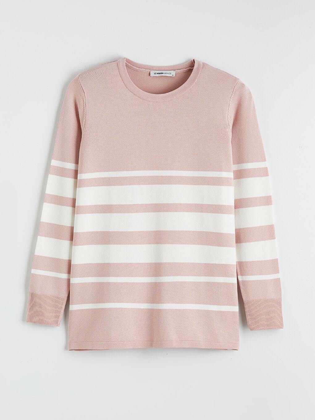 Pembe Bisiklet Yaka Çizgili Kadın Triko Kazak