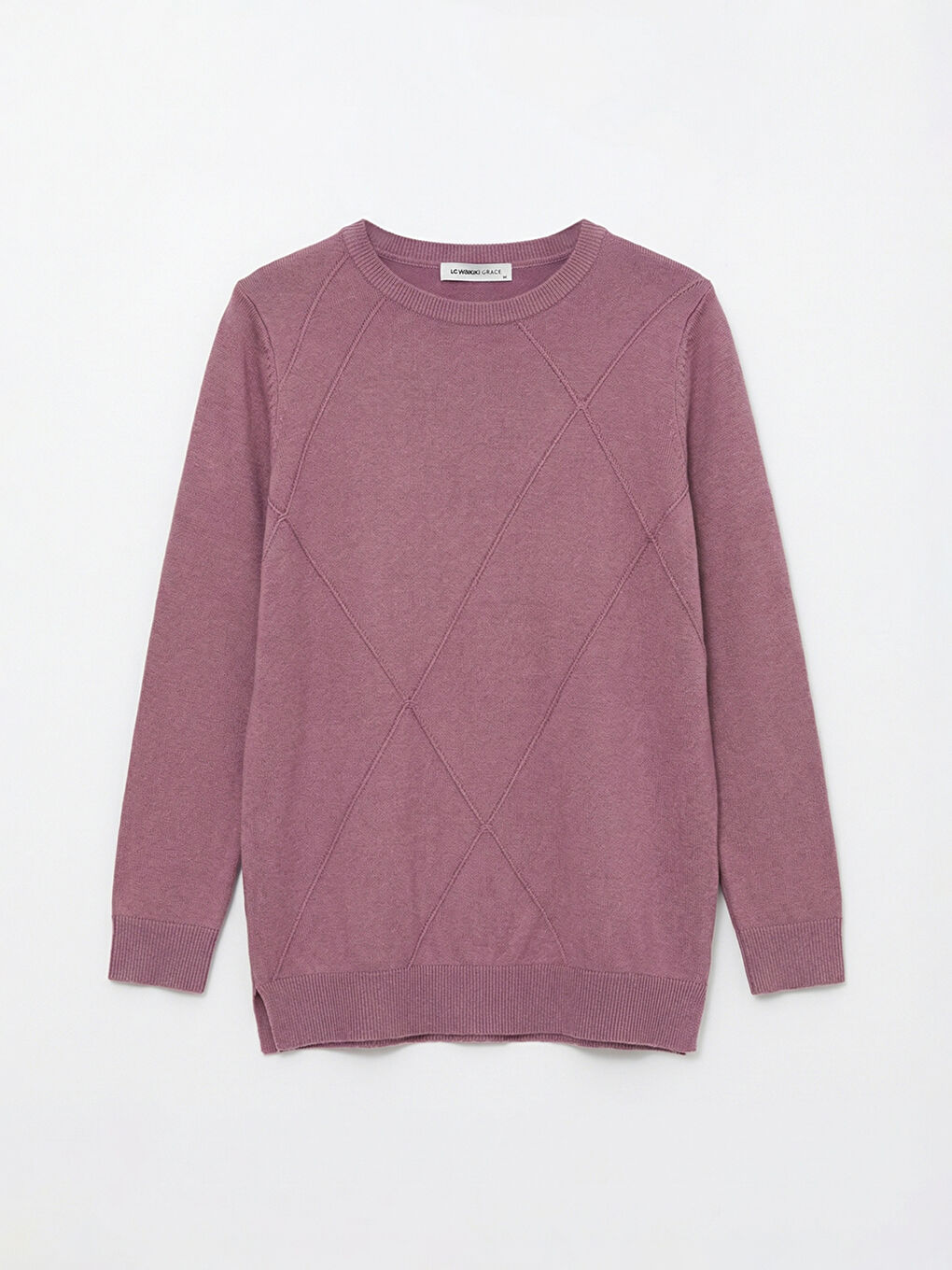 Pembe Bisiklet Yaka Baklava Desenli Kadın Triko Kazak