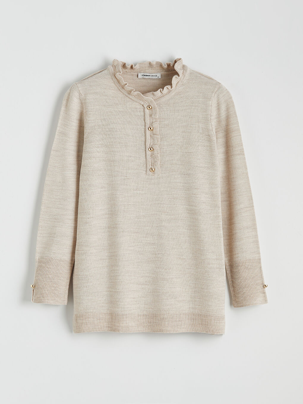 Bej Fırfırlı Dik Yaka Kadın Triko Kazak