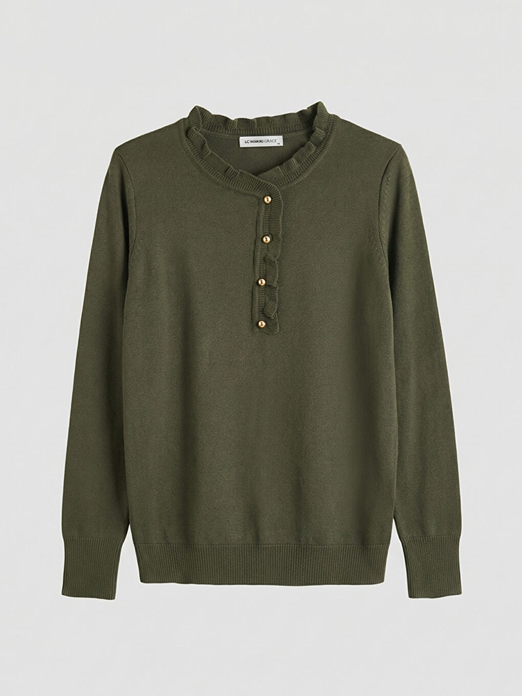 Haki Fırfırlı Dik Yaka Kadın Triko Kazak