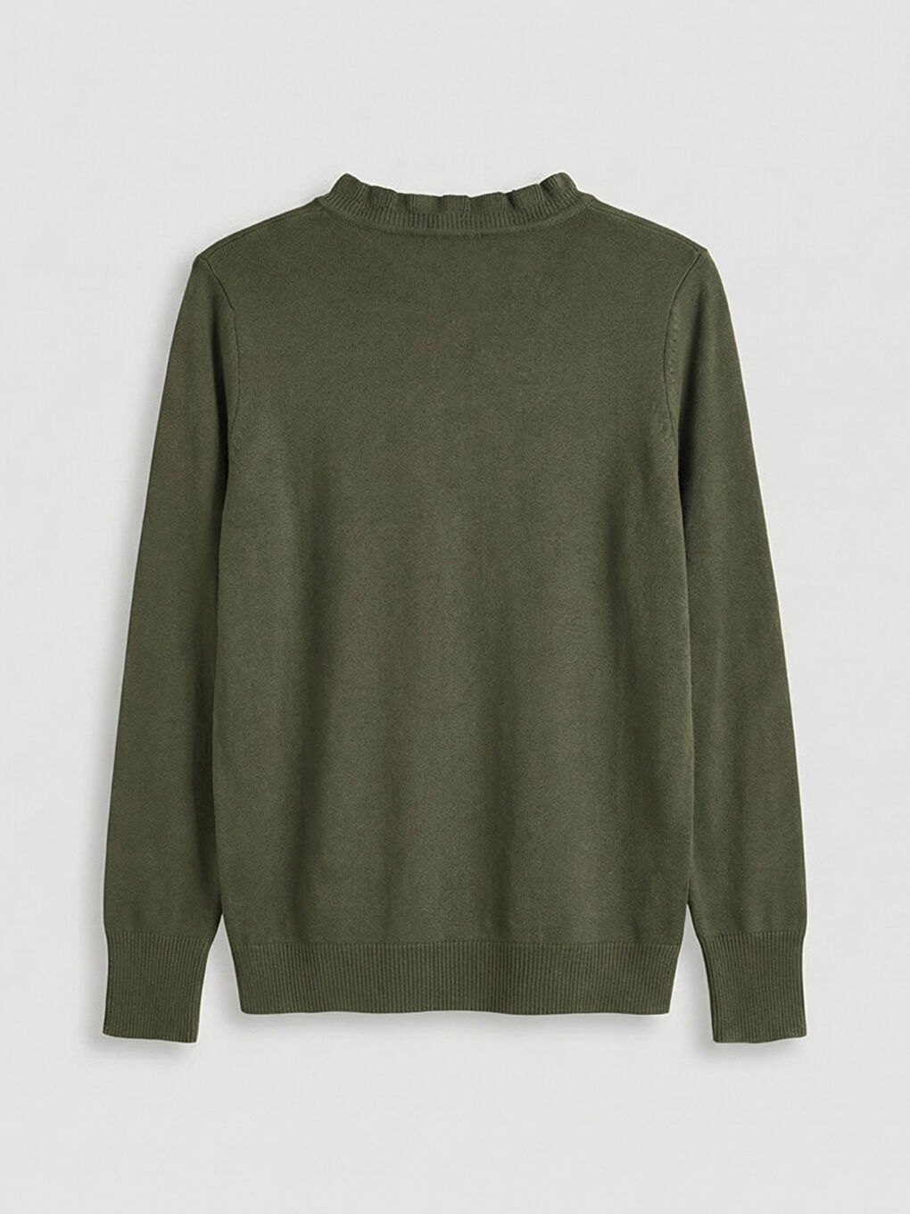 Haki Fırfırlı Dik Yaka Kadın Triko Kazak-1