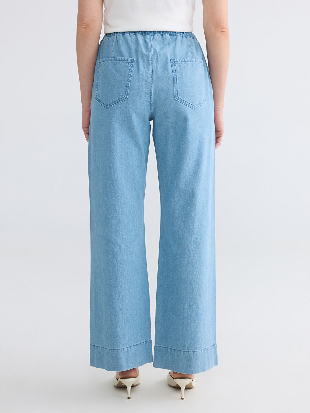 Bej Beli Lastikli Wideleg Kadın Jean Pantolon-3