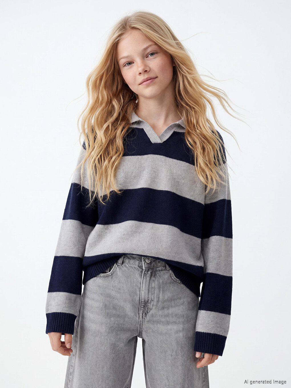  Polo Collar Striped Girls' Knit Sweater