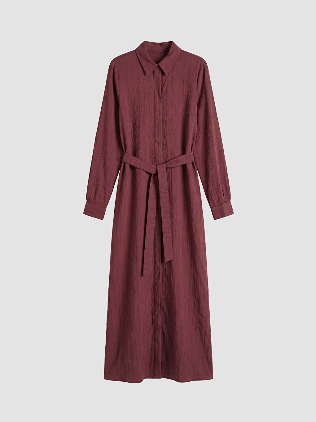 Bordo Kuşaklı Modal Karışımlı Gömlek Elbise	