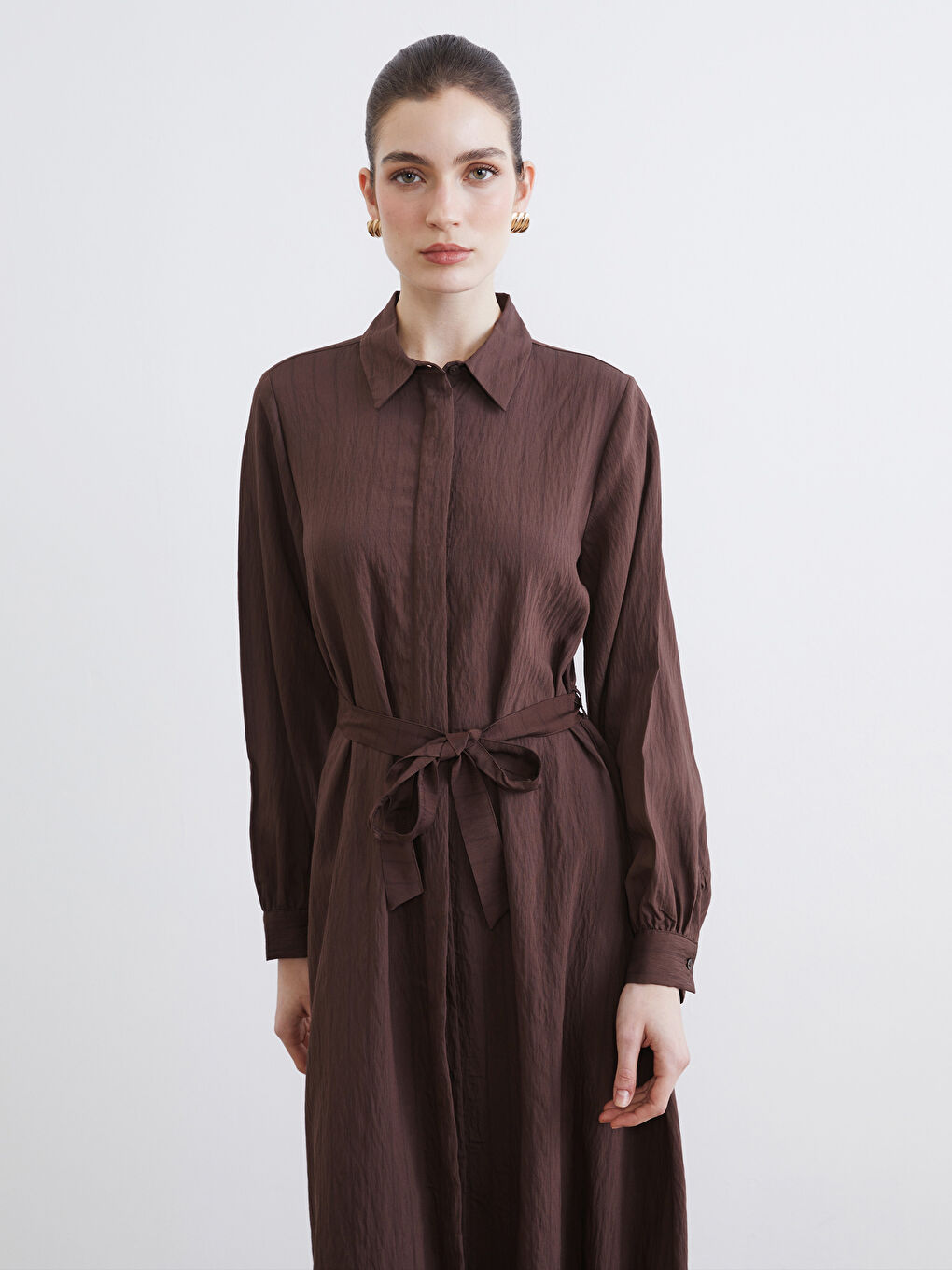 فستان قميص بني امرأة-1