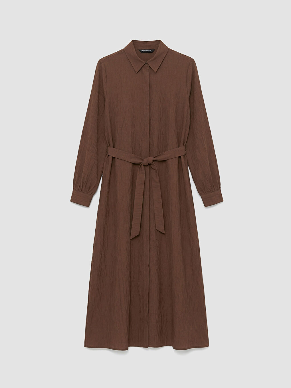 Kahverengi Kuşaklı Modal Karışımlı Gömlek Elbise	