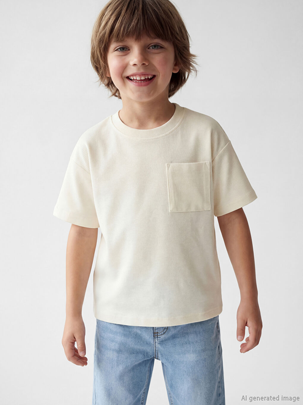 Bej Bisiklet Yaka Erkek Çocuk Tişört-1