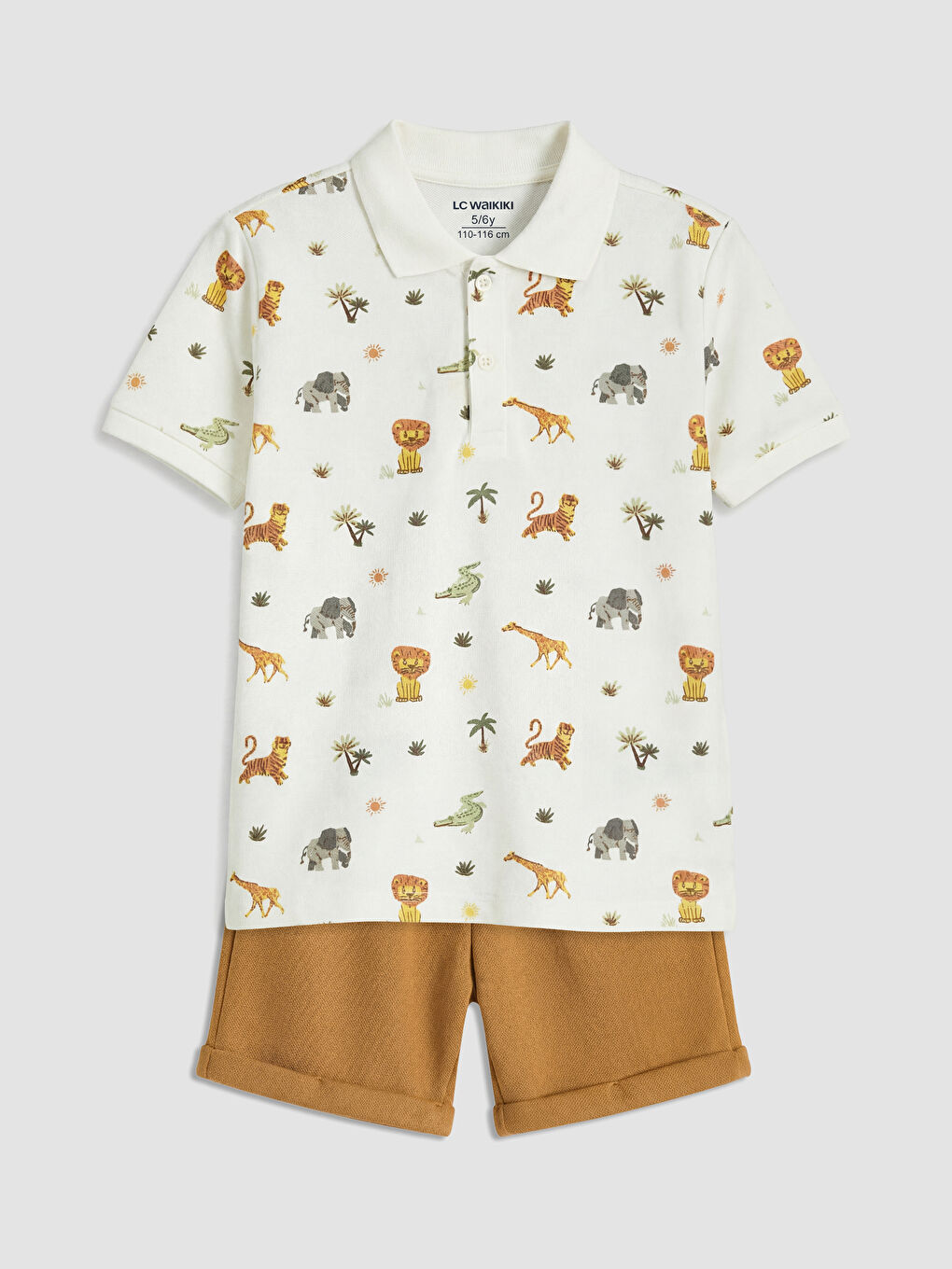 Ekru Hayvan Desenli Erkek Çocuk Şortlu Takım