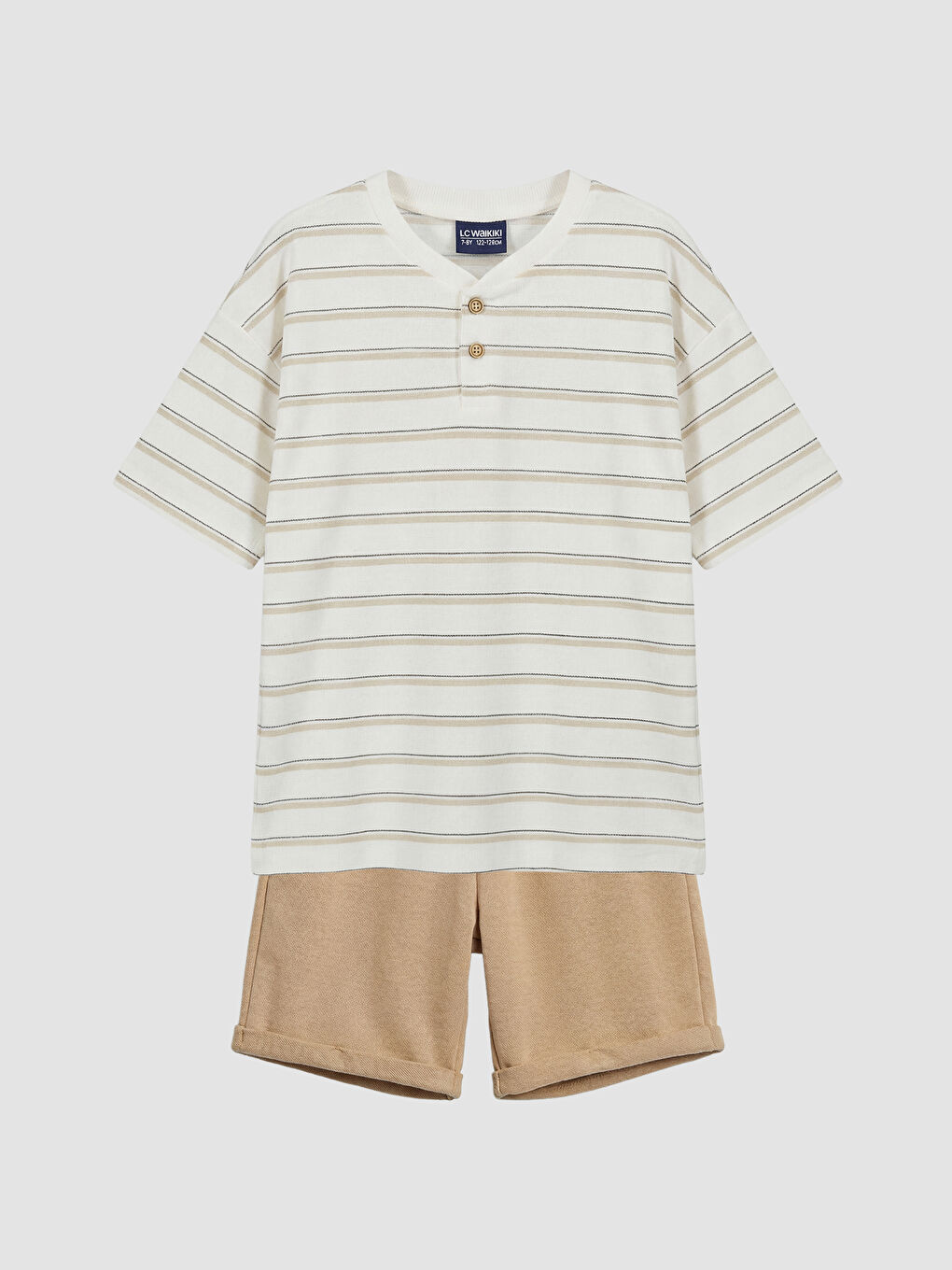 Bej Çizgili Erkek Çocuk Şortlu Takım
