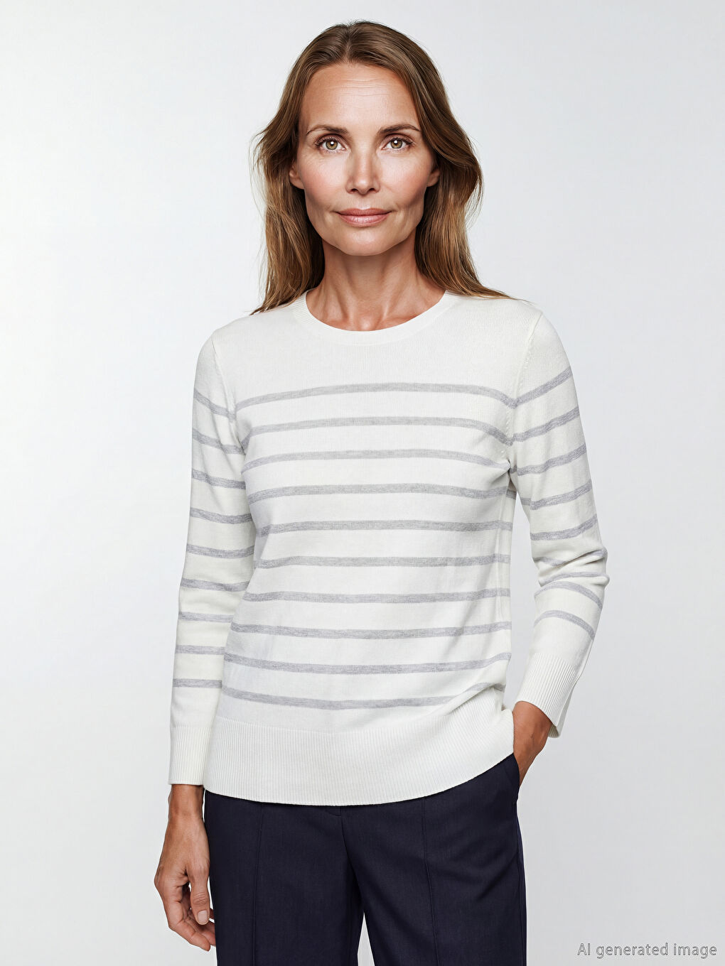 Prugasti pleteni džemper sa okruglim izrezom.