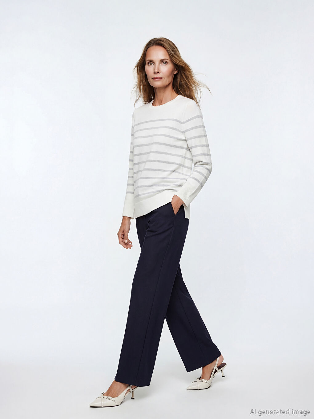 Prugasti pleteni džemper sa okruglim izrezom.-1